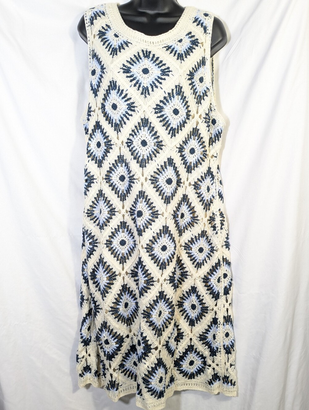 Kings Road Crochet Diamond Boho Festival Sleeveless Midi Shift Dress 2X